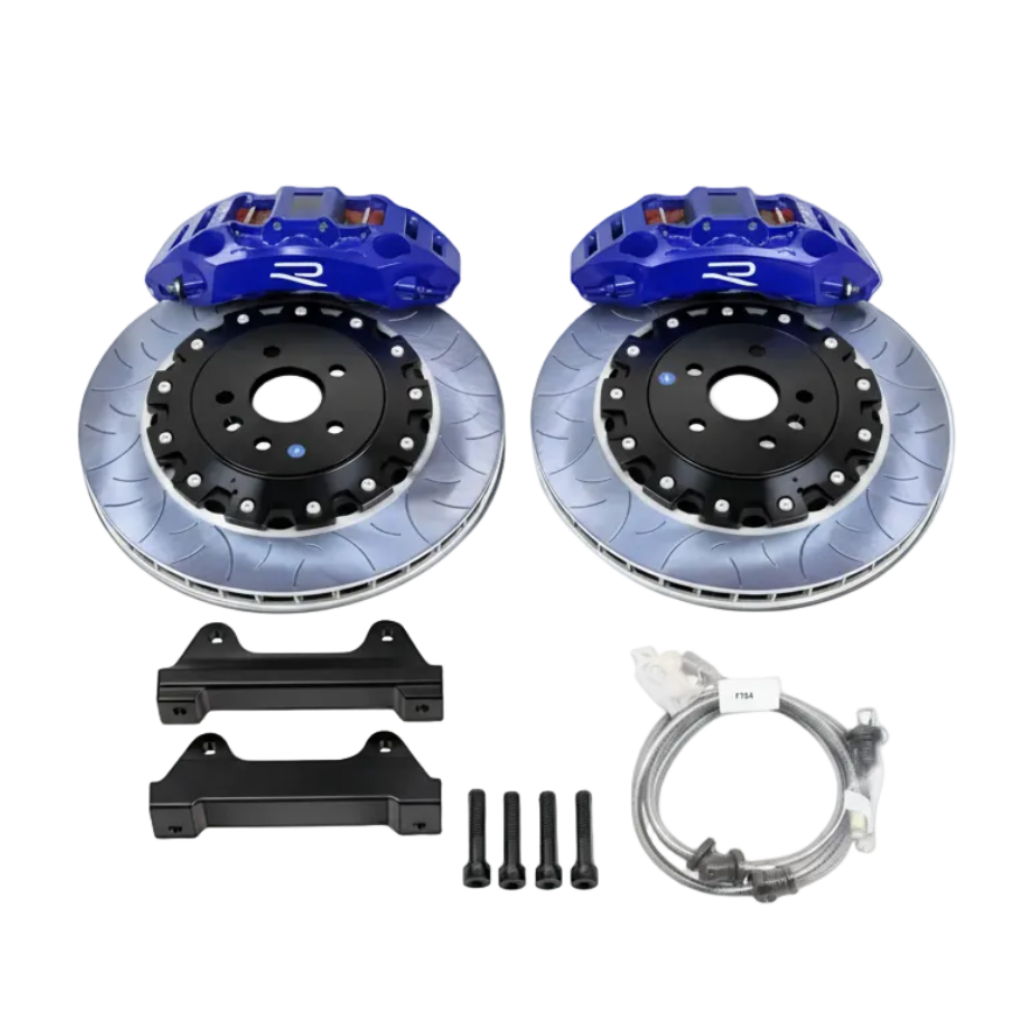 Car brake system components with blue calipers on a white background