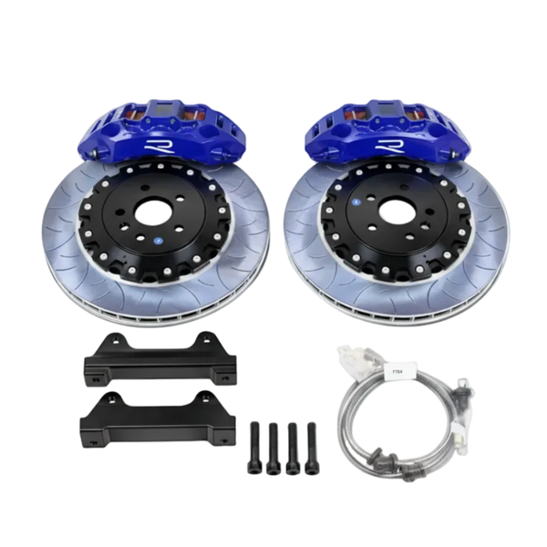 Car brake system components with blue calipers on a white background