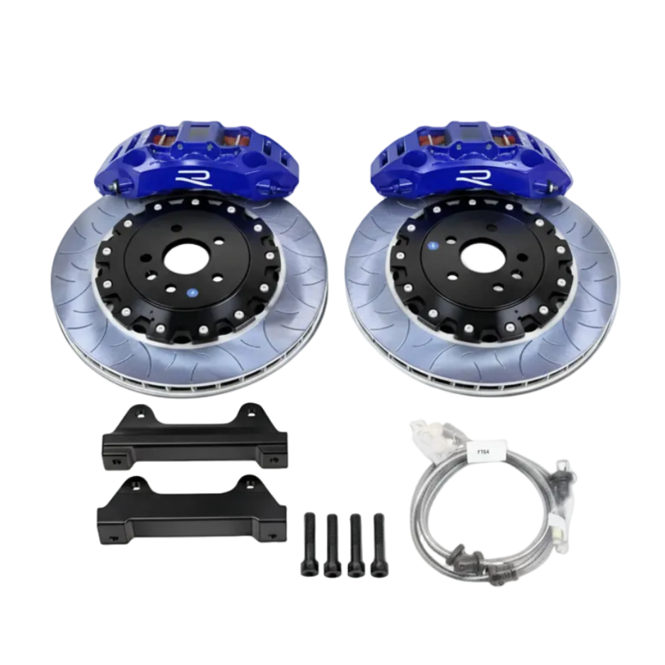 Car brake system components with blue calipers on a white background
