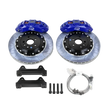 Car brake system components with blue calipers on a white background