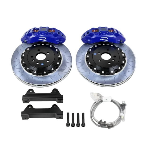 Car brake system components with blue calipers on a white background